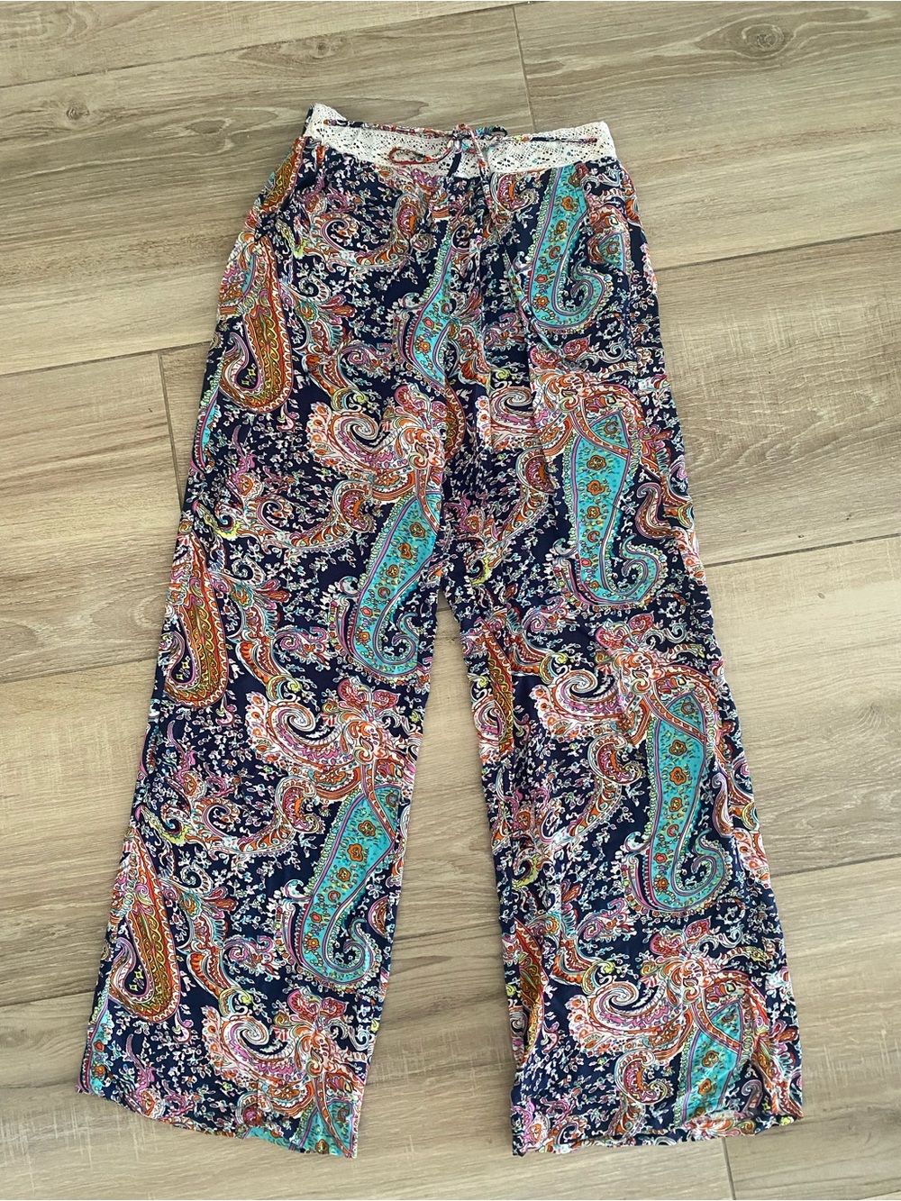 Navy Paisley Wide-Leg Palazzo Pants with Turquoise & Coral